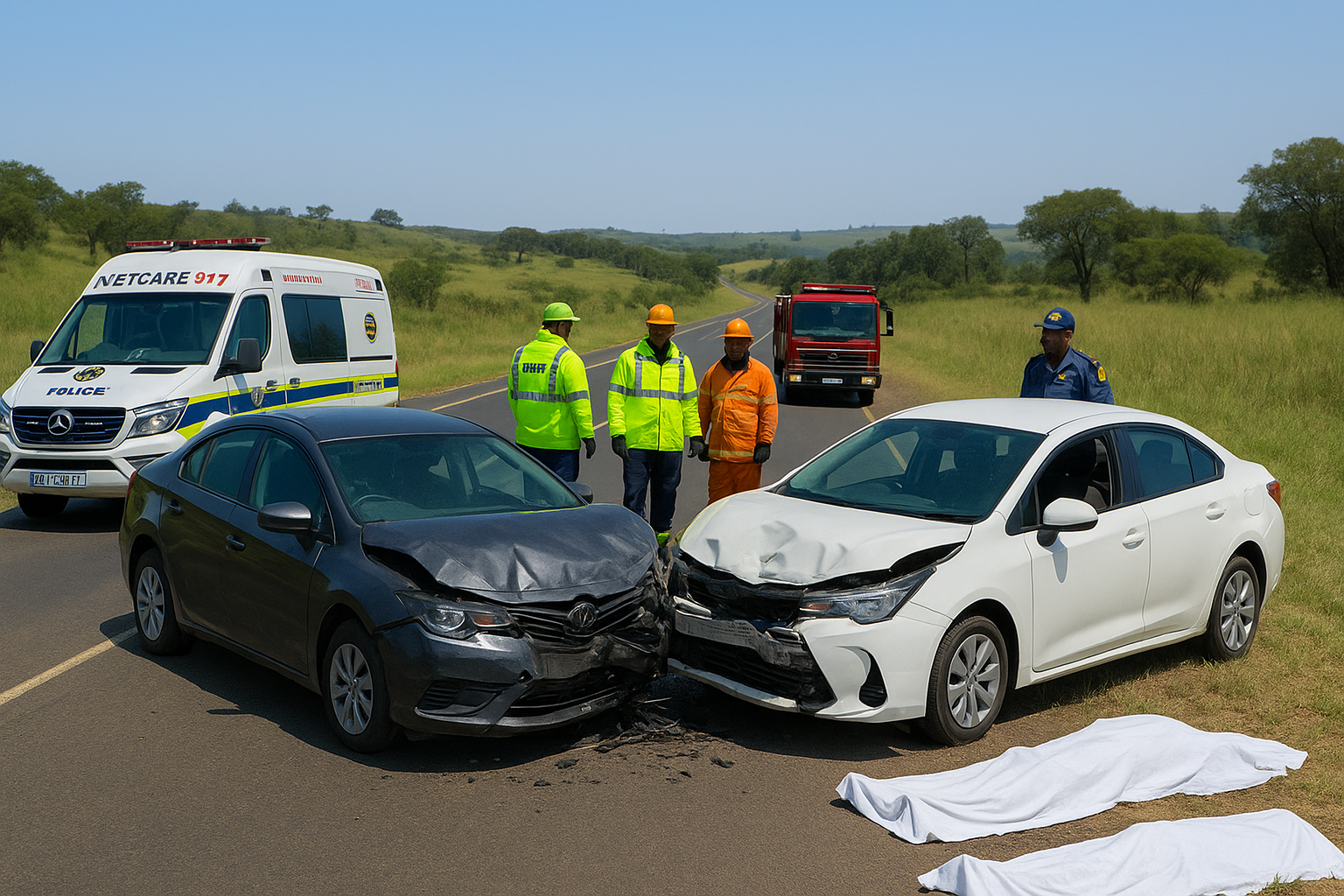 Tragic Crash Claims 3 Lives of KZN MPL’s Relatives 1 Tragic Crash Claims 3 Lives: a visual representation of a fatal head-on collision on the N2 near KwaMbonambi, KwaZulu-Natal, showing two severely damaged cars, emergency vehicles including a Netcare 911 ambulance, police, and traffic inspectors, with three victims respectfully covered on the roadside under clear skies.
