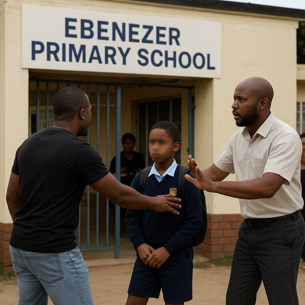 Bullying allegations at Ebenezer Primary School in Paarl depicted in a reenacted image, showing a parent confronting a learner accused of bullying.