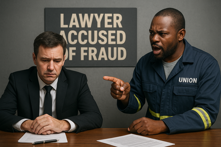Lawyer Accused of Fraud – A union worker points at a lawyer seated beside legal documents, under a sign stating "Lawyer Accused of Fraud," reflecting tension over an alleged unauthorized settlement in a Transnet dismissal case.