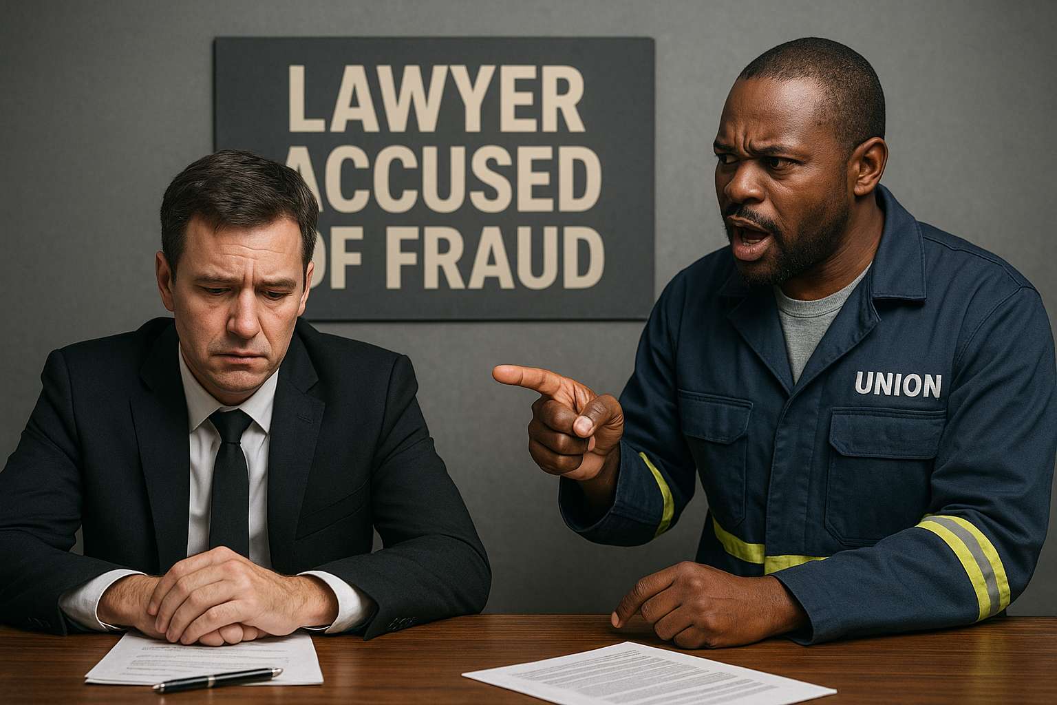 Lawyer Accused of Fraud – A union worker points at a lawyer seated beside legal documents, under a sign stating "Lawyer Accused of Fraud," reflecting tension over an alleged unauthorized settlement in a Transnet dismissal case.