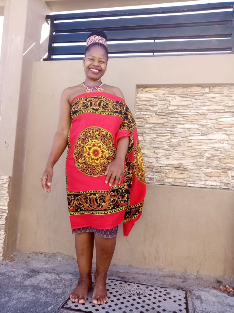 Balungile Phungula, a proud Zulu woman, is wearing Swati traditional clothing on Heritage Day to celebrate and show respect for South Africa’s cultural diversity.