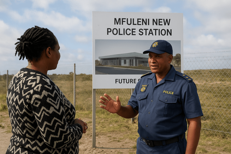 Mfuleni new police station concept illustrated by a police officer and a community member in discussion outdoors.