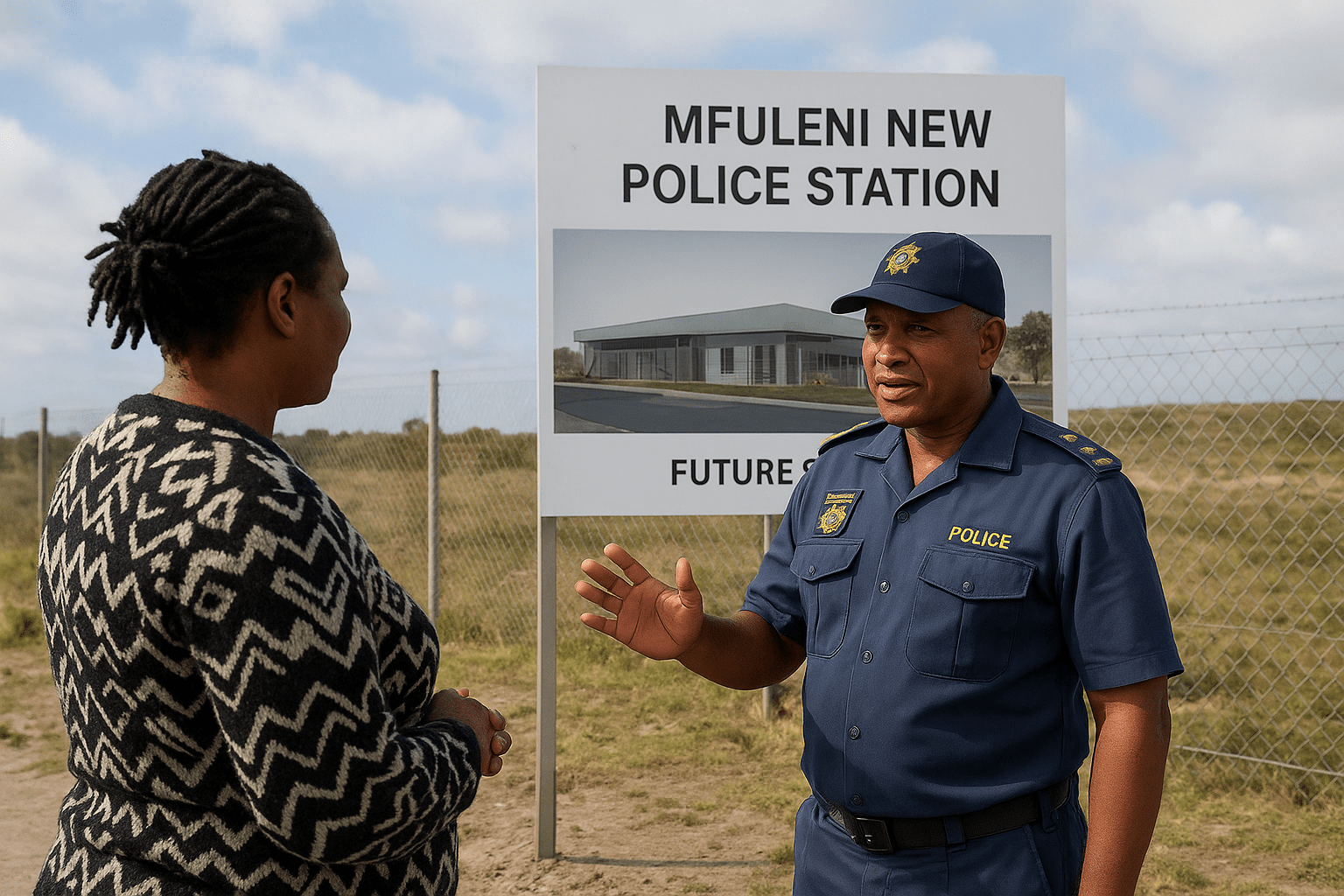 Mfuleni new police station concept illustrated by a police officer and a community member in discussion outdoors.
