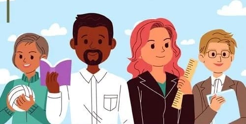 Illustration of diverse educators holding school items such as books, a ruler, and a ball, symbolizing teaching and support.