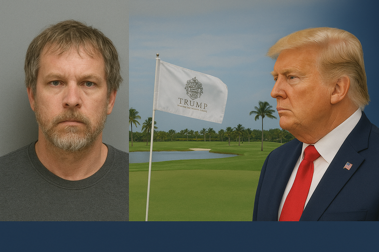 Trump Assassination Trial composite featuring Ryan Routh, Donald Trump, and Trump International Golf Club in Florida.