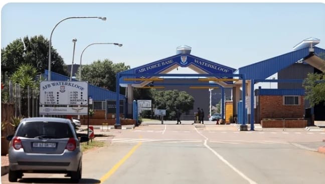 Waterkloof Air Base Breach captured in this image of the main entrance gate of Air Force Base Waterkloof in Tshwane, South Africa, showing a vehicle approaching security checkpoint.