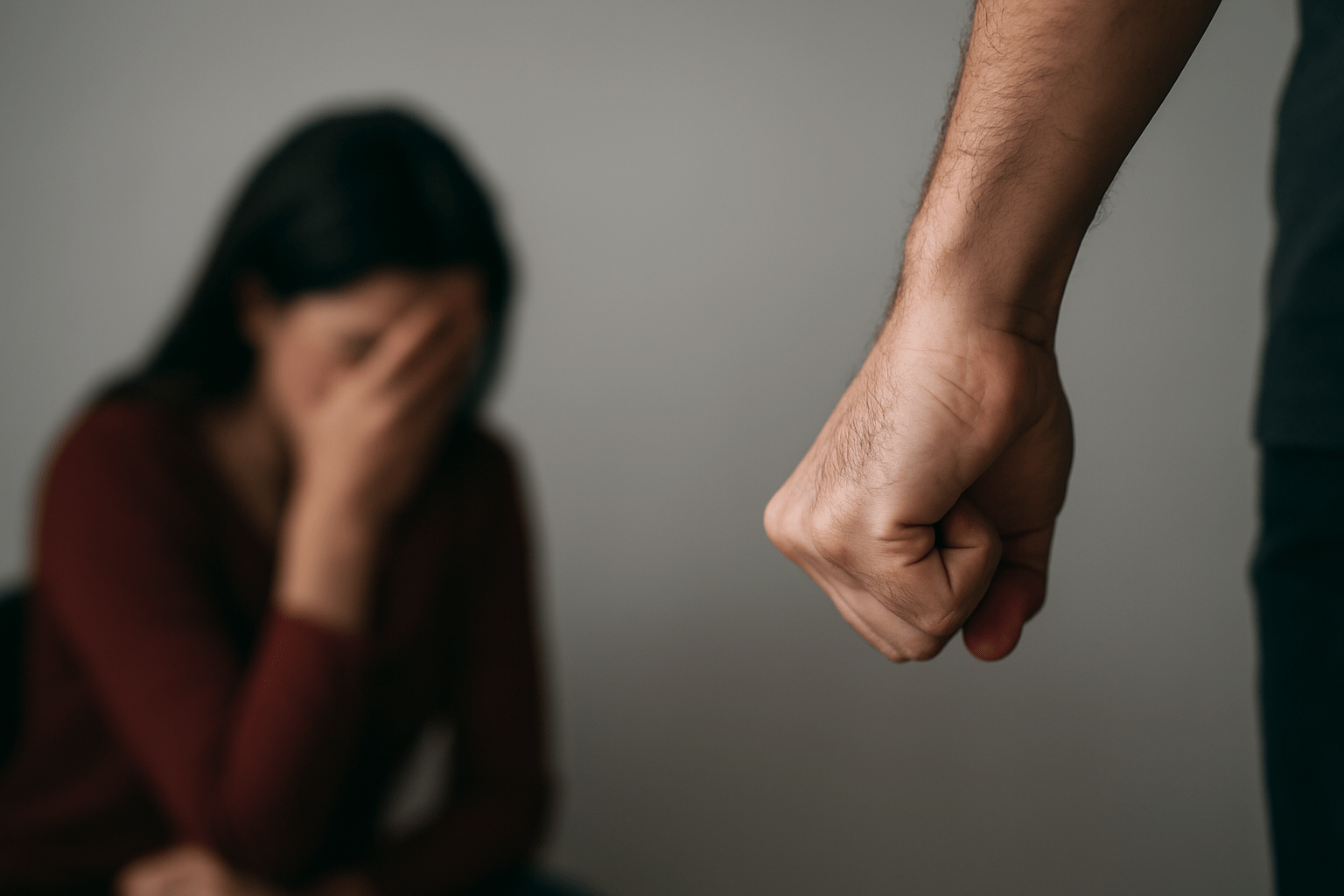 Soshanguve domestic violence: A close-up of a clenched fist raised in anger, with a woman sitting with her head in her hands, visibly distressed. This image reflects the harsh realities of domestic violence, illustrating the emotional and physical toll of abusive relationships.