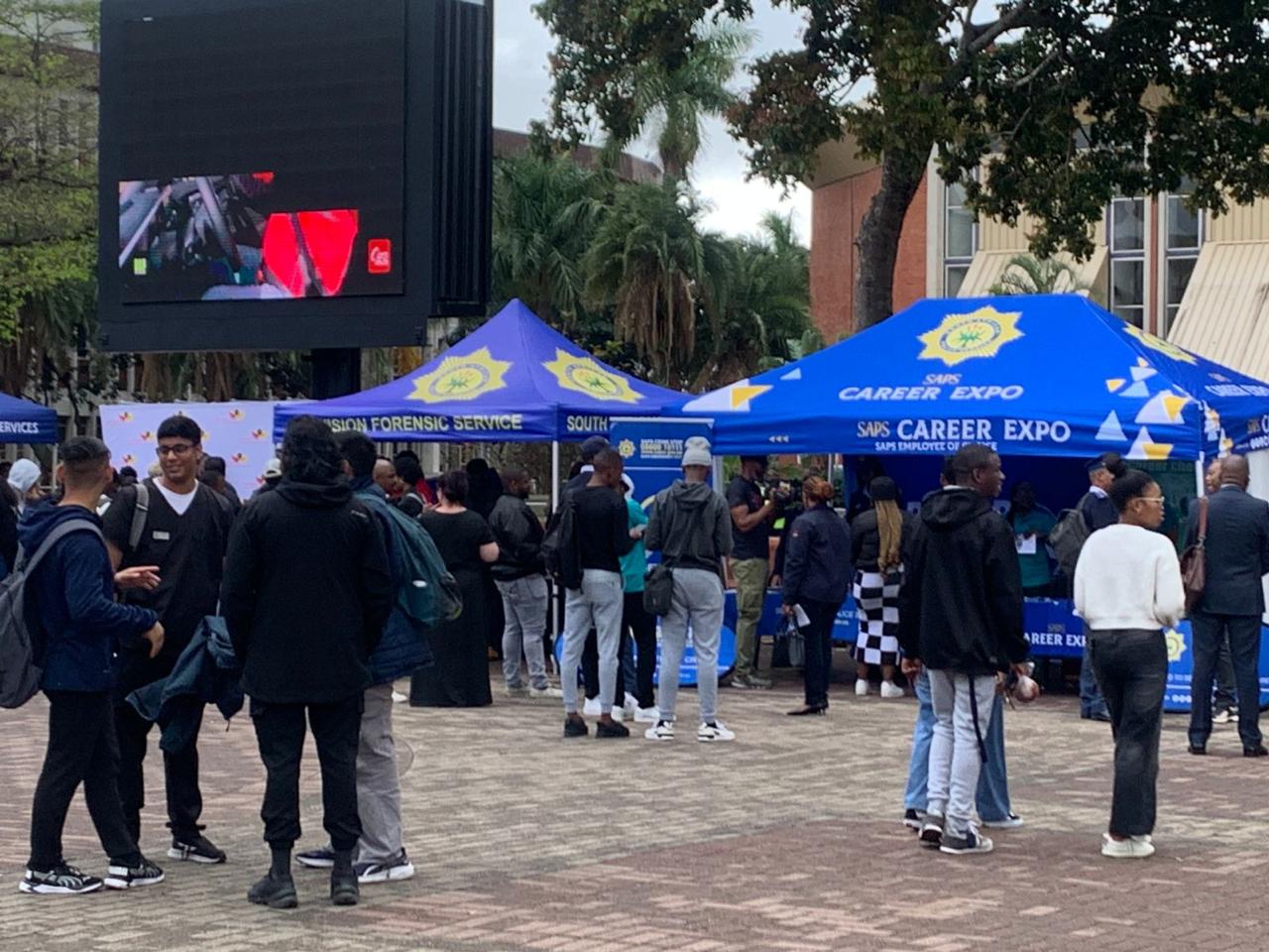 Police tents at UKZN Westville Campus with students attending the launch of the Campus Community Safety Forum, led by the Ministry of Police and SAPS.