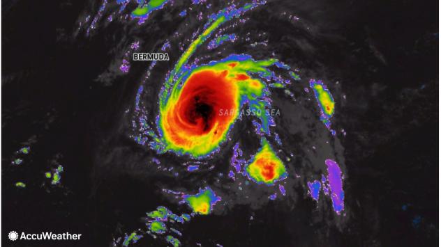 Satellite image of Hurricane Gabrielle spinning southeast of Bermuda in the Atlantic Ocean