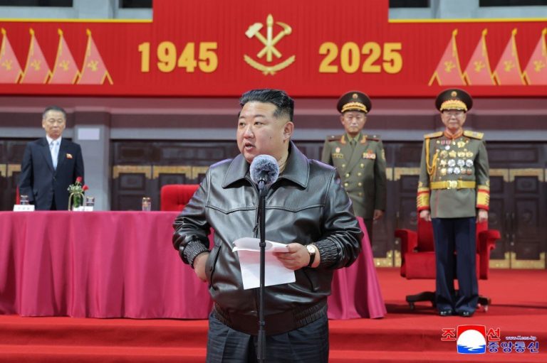 Kim Jong-un giving a speech to North Koreans.