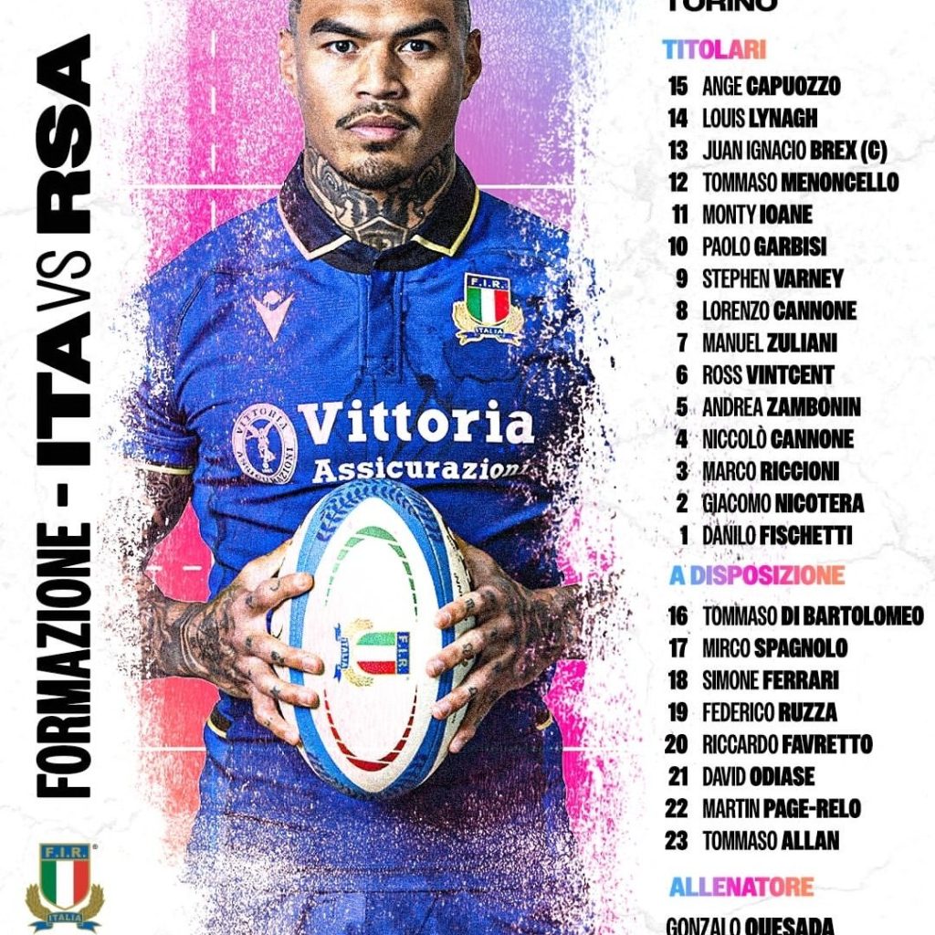 Italy vs. Springboks lineup.