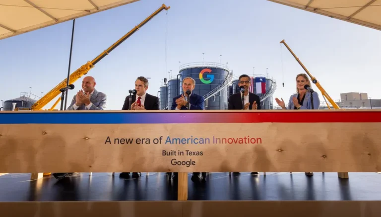 At a community celebration in Midlothian, TX, Congressman Jake Ellzey, U.S. Deputy Secretary of Energy James Danly, Governor Greg Abbott, CEO of Google and Alphabet Sundar Pichai, and Google Senior Director Amanda Peterson Corio announce a new investment in Texas.