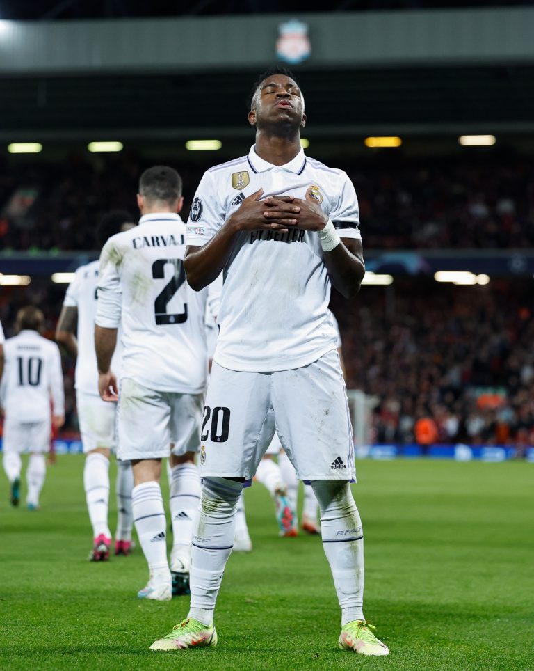 Vini Jr celebrates a goal.