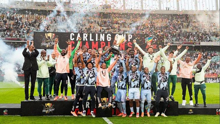 Orlando Pirates players celebrate goal scored by Sifiso Luthuli in Carling Cup match.